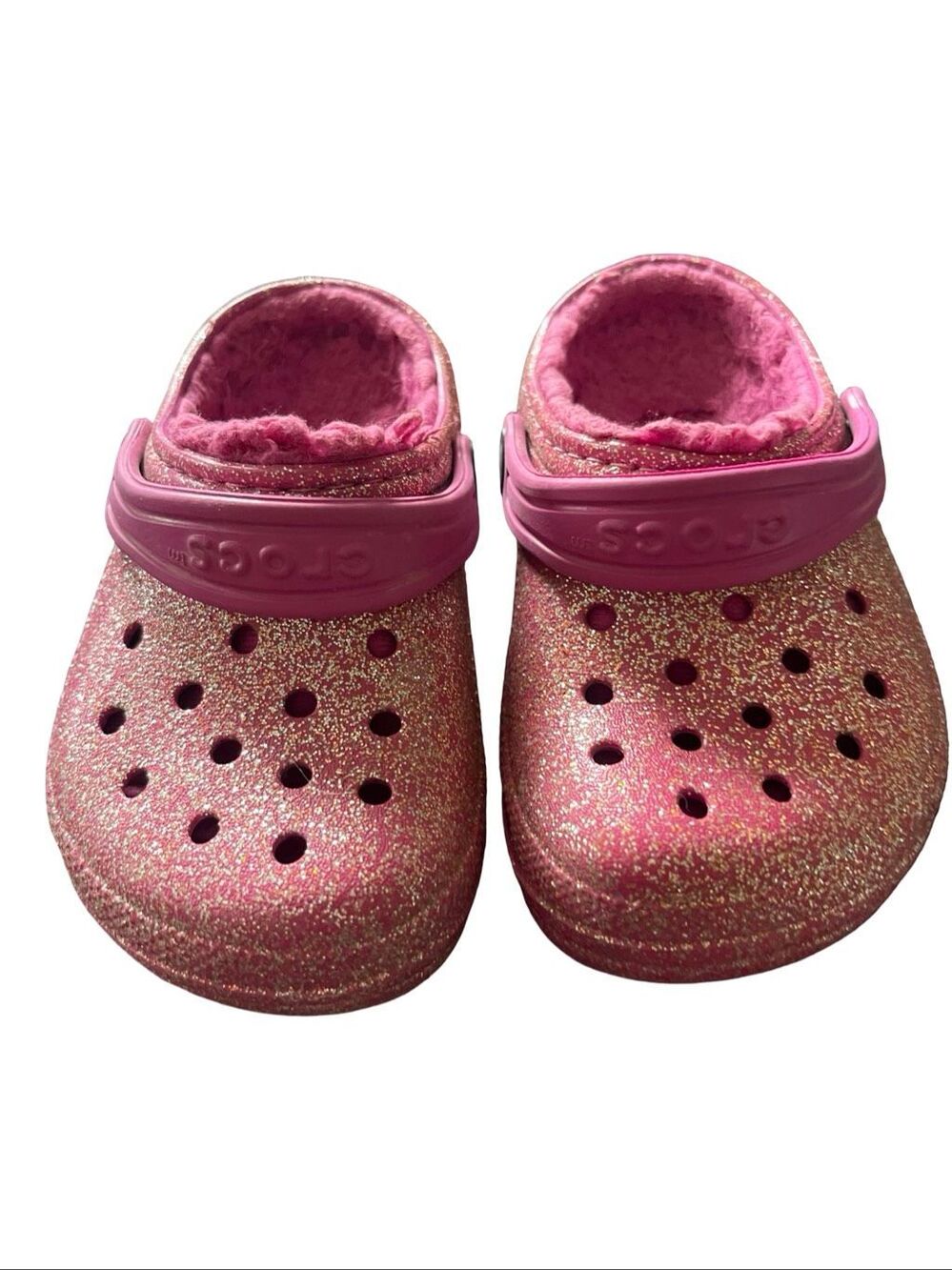 Crocs Kids Girls Pink Glitter Sparkle Fleece Soft Classic Lined Clogs Size 8